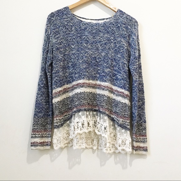 Jolt Sweaters - Jolt blue black knitted lace long sleeve sweater